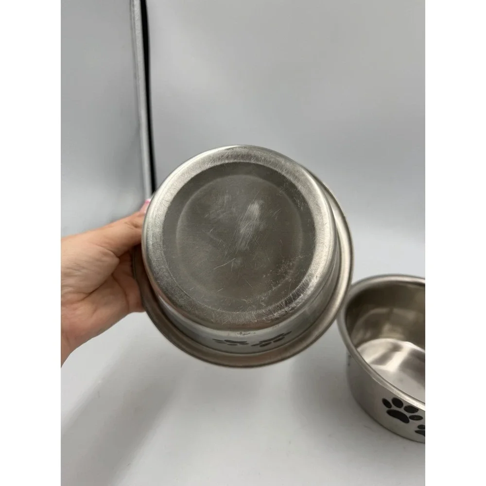 Lot Of 2 Paw & Bone Print Stainless Steel Dog Bowl Non-Skid